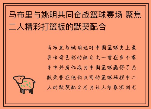 马布里与姚明共同奋战篮球赛场 聚焦二人精彩打篮板的默契配合